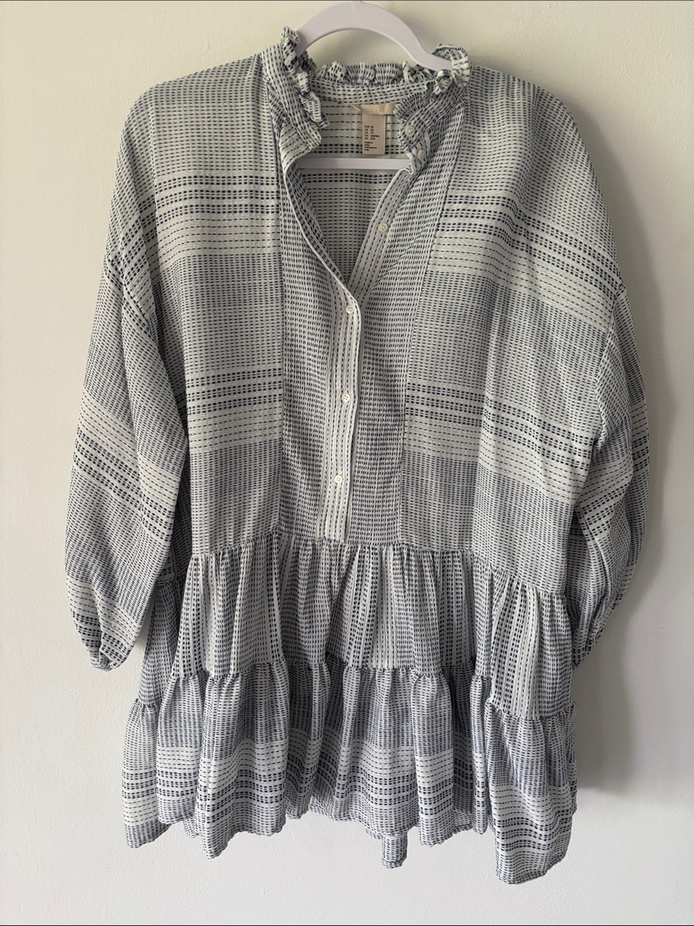 H&M White and Navy Textured Stripe tunic dress xs